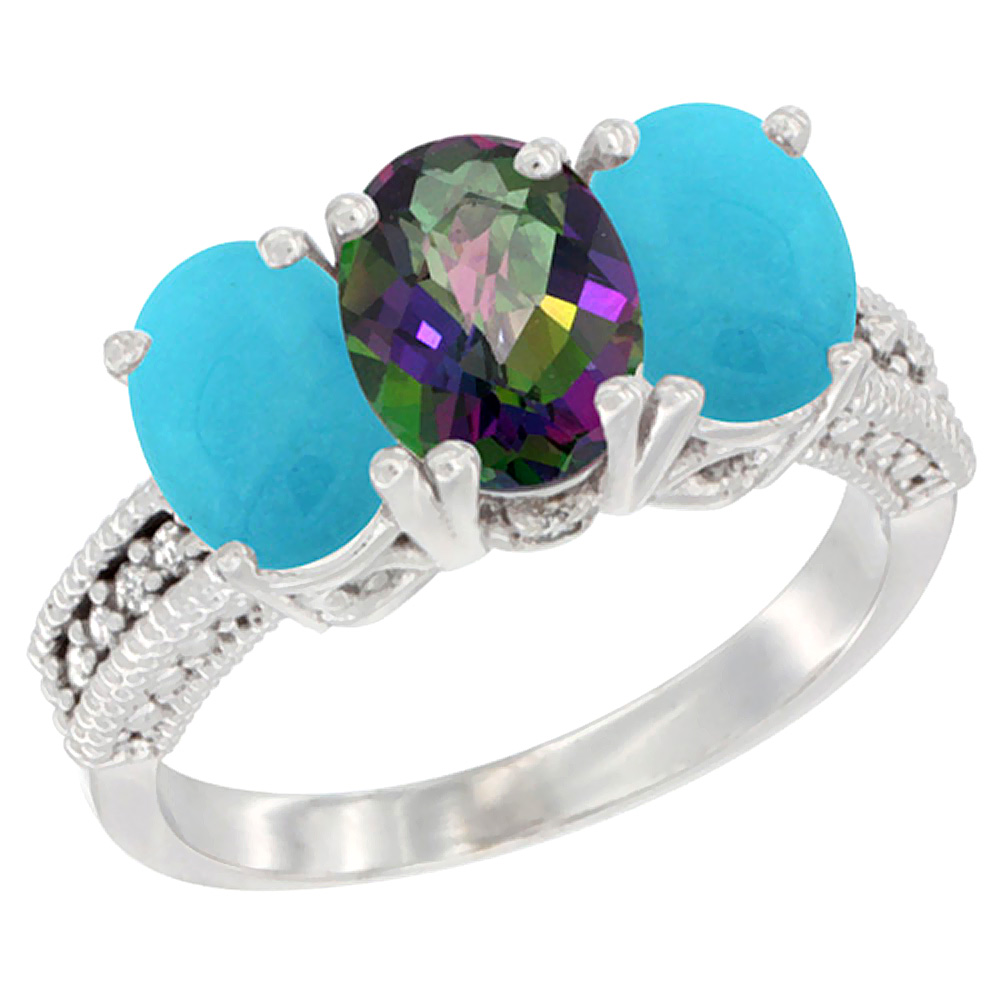 10K White Gold Diamond Natural Mystic Topaz &amp; Turquoise Ring 3-Stone 7x5 mm Oval, sizes 5 - 10