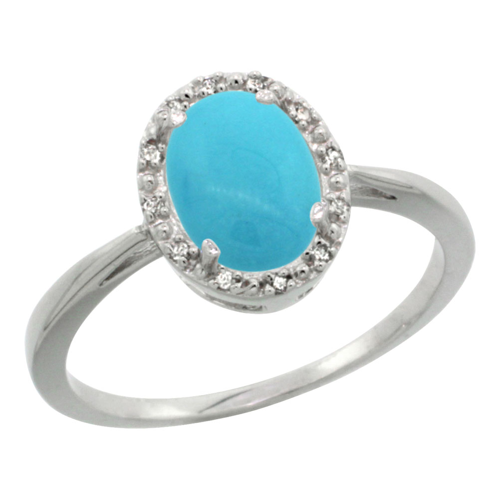 10K White Gold Natural Sleeping Beauty Turquoise Diamond Halo Ring Oval 8X6mm, sizes 5-10
