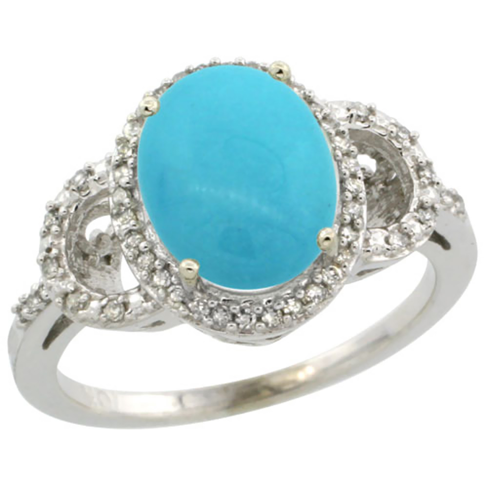 10K White Gold Natural Diamond Sleeping Beauty Turquoise Engagement Ring Oval 10x8mm, sizes 5-10