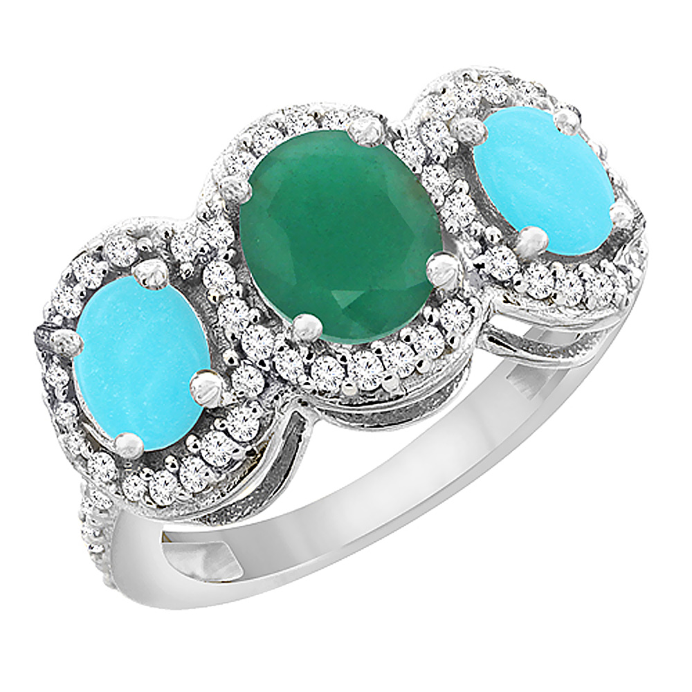 10K White Gold Natural Cabochon Emerald & Turquoise 3-Stone Ring Oval Diamond Accent, sizes 5 - 10
