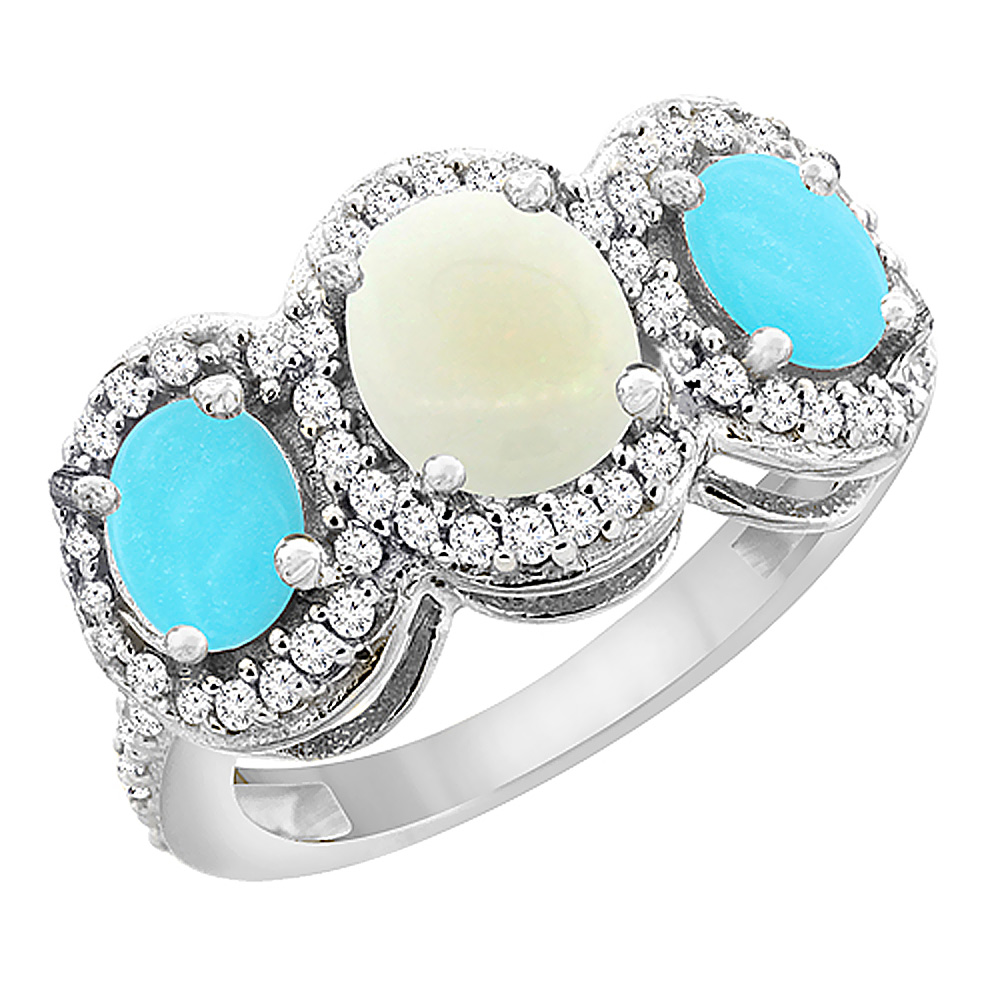 10K White Gold Natural Opal &amp; Turquoise 3-Stone Ring Oval Diamond Accent, sizes 5 - 10