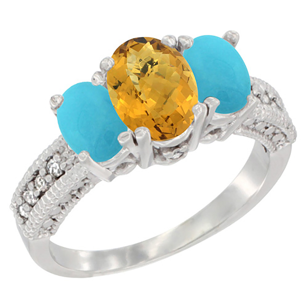 10K White Gold Diamond Natural Whisky Quartz Ring Oval 3-stone with Turquoise, sizes 5 - 10