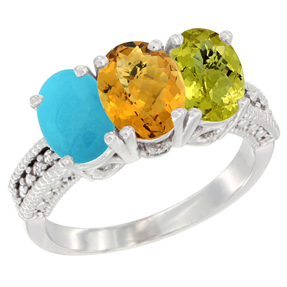 10K White Gold Diamond Natural Turquoise, Whisky Quartz & Lemon Quartz Ring 3-Stone 7x5 mm Oval, sizes 5 - 10