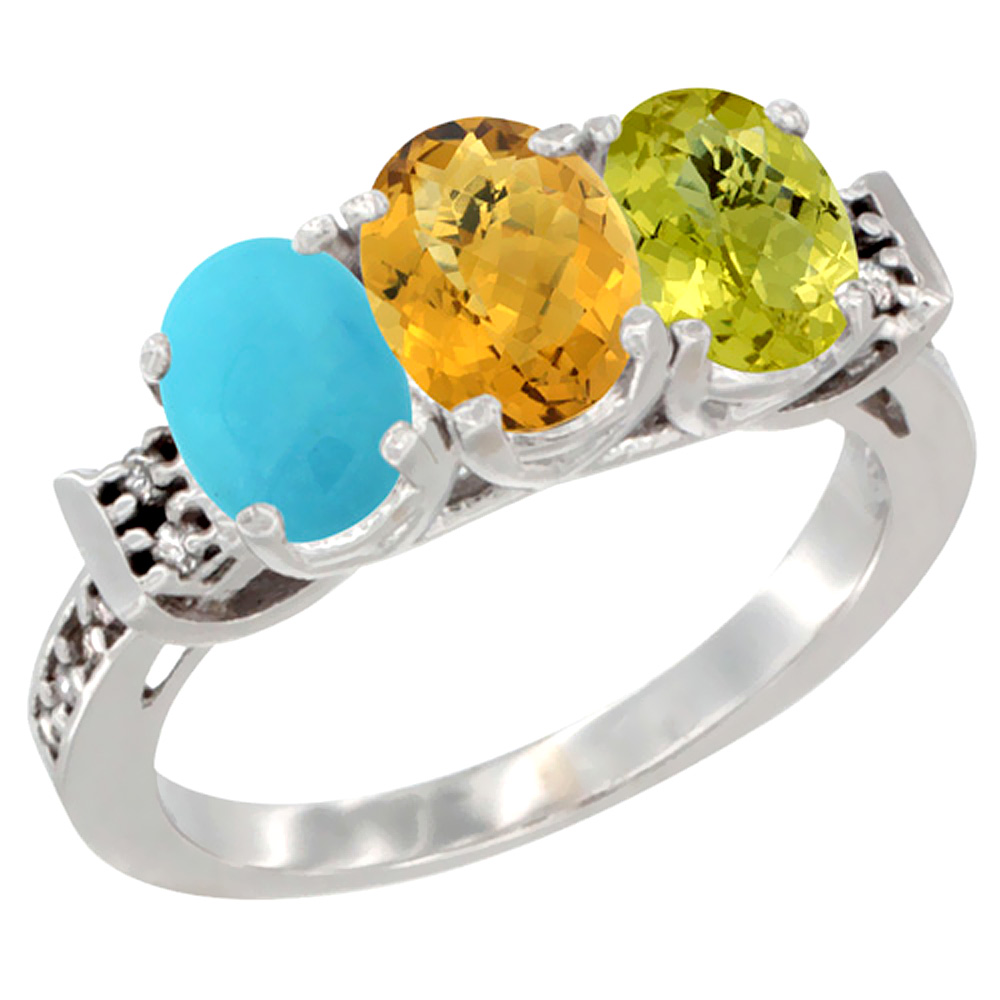 14K White Gold Natural Turquoise, Whisky Quartz & Lemon Quartz Ring 3-Stone Oval 7x5 mm Diamond Accent, sizes 5 - 10