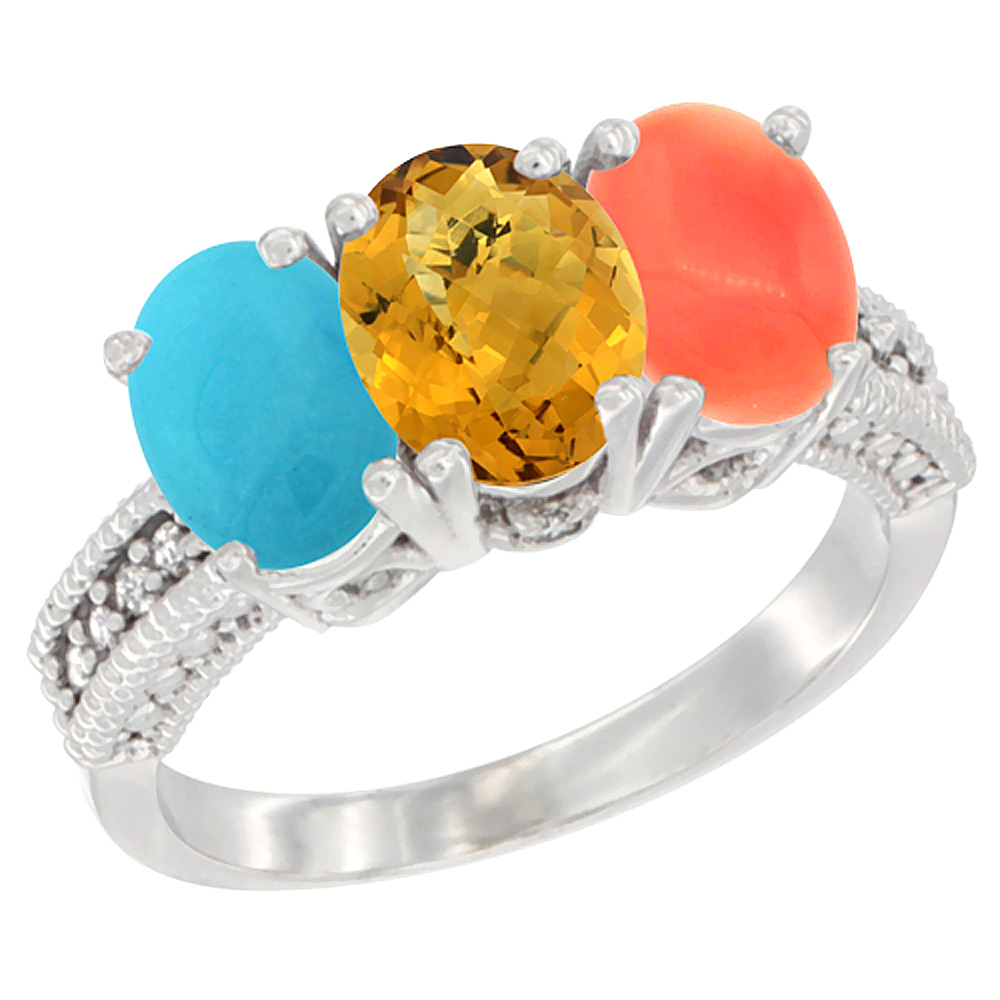 10K White Gold Diamond Natural Turquoise, Whisky Quartz &amp; Coral Ring 3-Stone 7x5 mm Oval, sizes 5 - 10