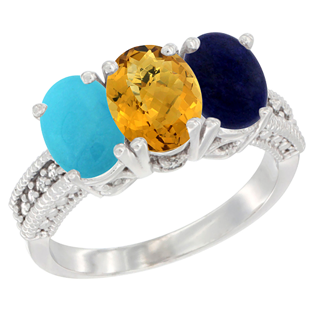 10K White Gold Diamond Natural Turquoise, Whisky Quartz &amp; Lapis Ring 3-Stone 7x5 mm Oval, sizes 5 - 10