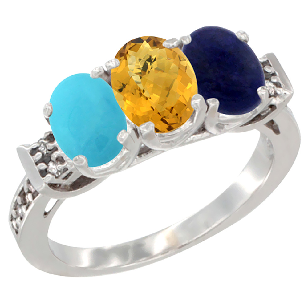 14K White Gold Natural Turquoise, Whisky Quartz & Lapis Ring 3-Stone Oval 7x5 mm Diamond Accent, sizes 5 - 10