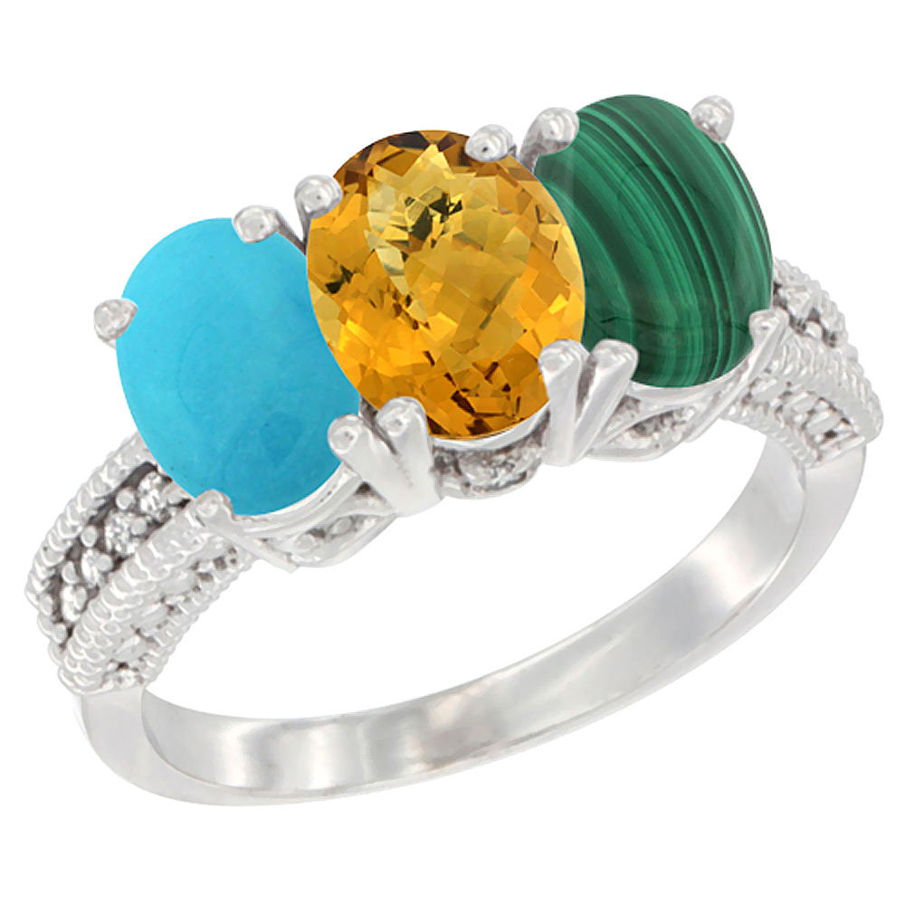 10K White Gold Diamond Natural Turquoise, Whisky Quartz & Malachite Ring 3-Stone 7x5 mm Oval, sizes 5 - 10