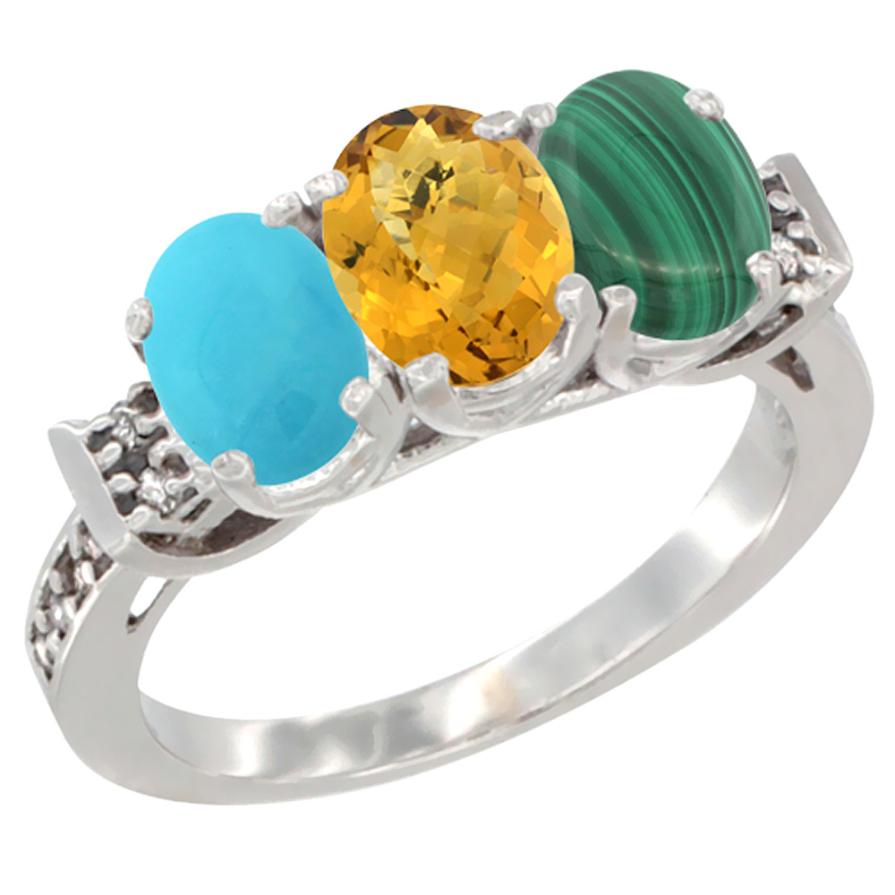 14K White Gold Natural Turquoise, Whisky Quartz & Malachite Ring 3-Stone Oval 7x5 mm Diamond Accent, sizes 5 - 10