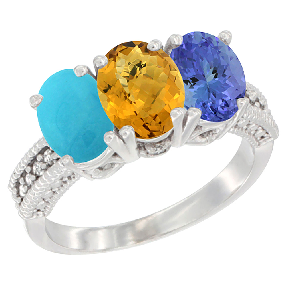 10K White Gold Diamond Natural Turquoise, Whisky Quartz & Tanzanite Ring 3-Stone 7x5 mm Oval, sizes 5 - 10