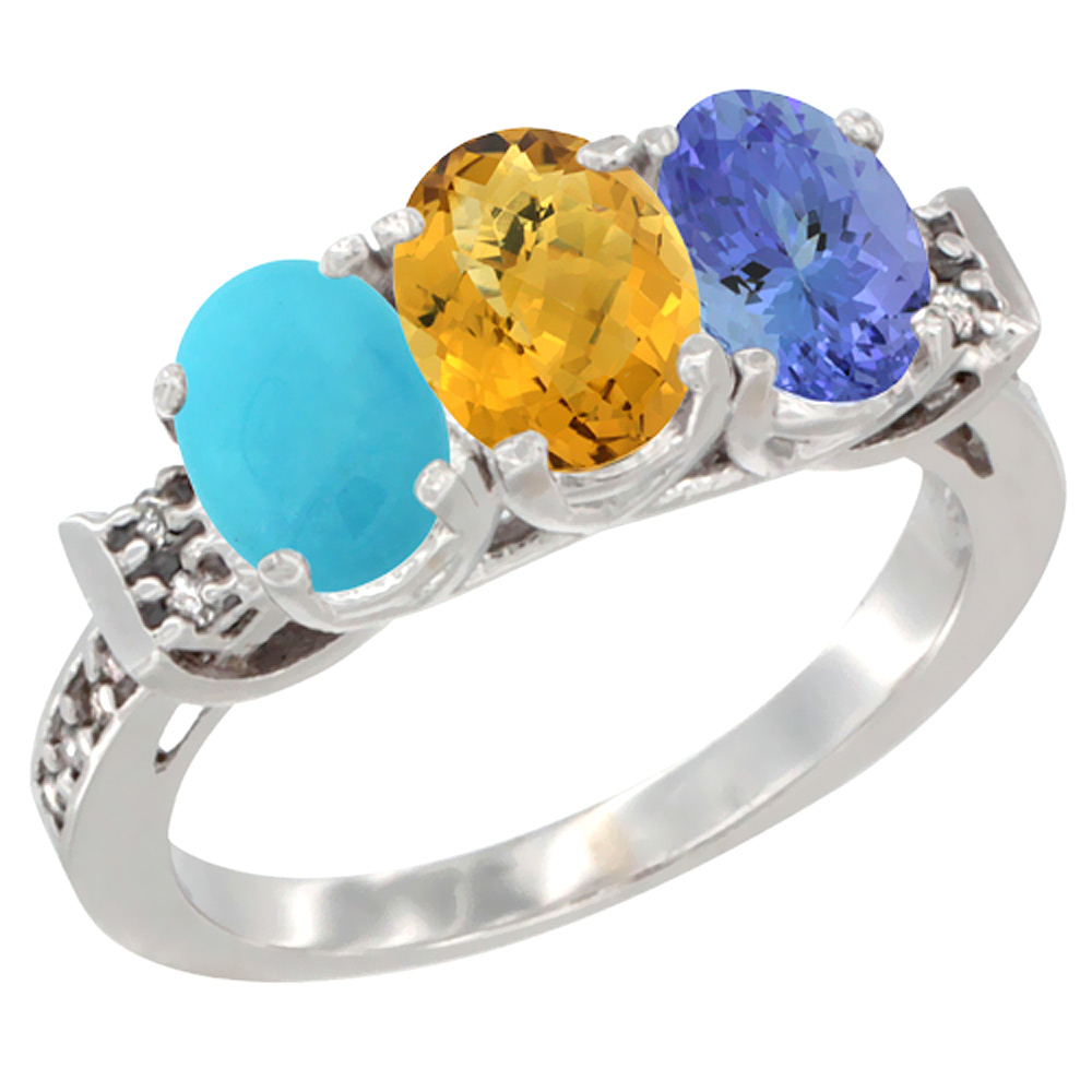 14K White Gold Natural Turquoise, Whisky Quartz & Tanzanite Ring 3-Stone Oval 7x5 mm Diamond Accent, sizes 5 - 10