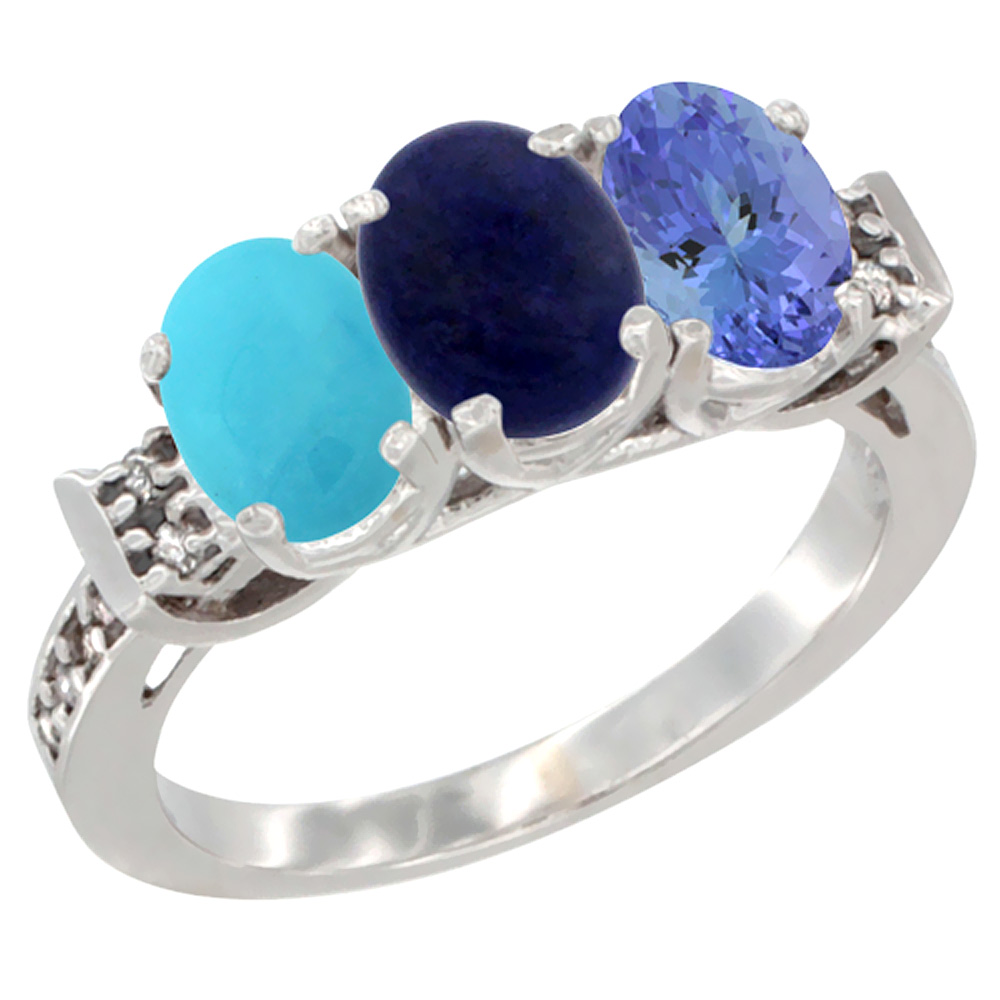 14K White Gold Natural Turquoise, Lapis & Tanzanite Ring 3-Stone Oval 7x5 mm Diamond Accent, sizes 5 - 10