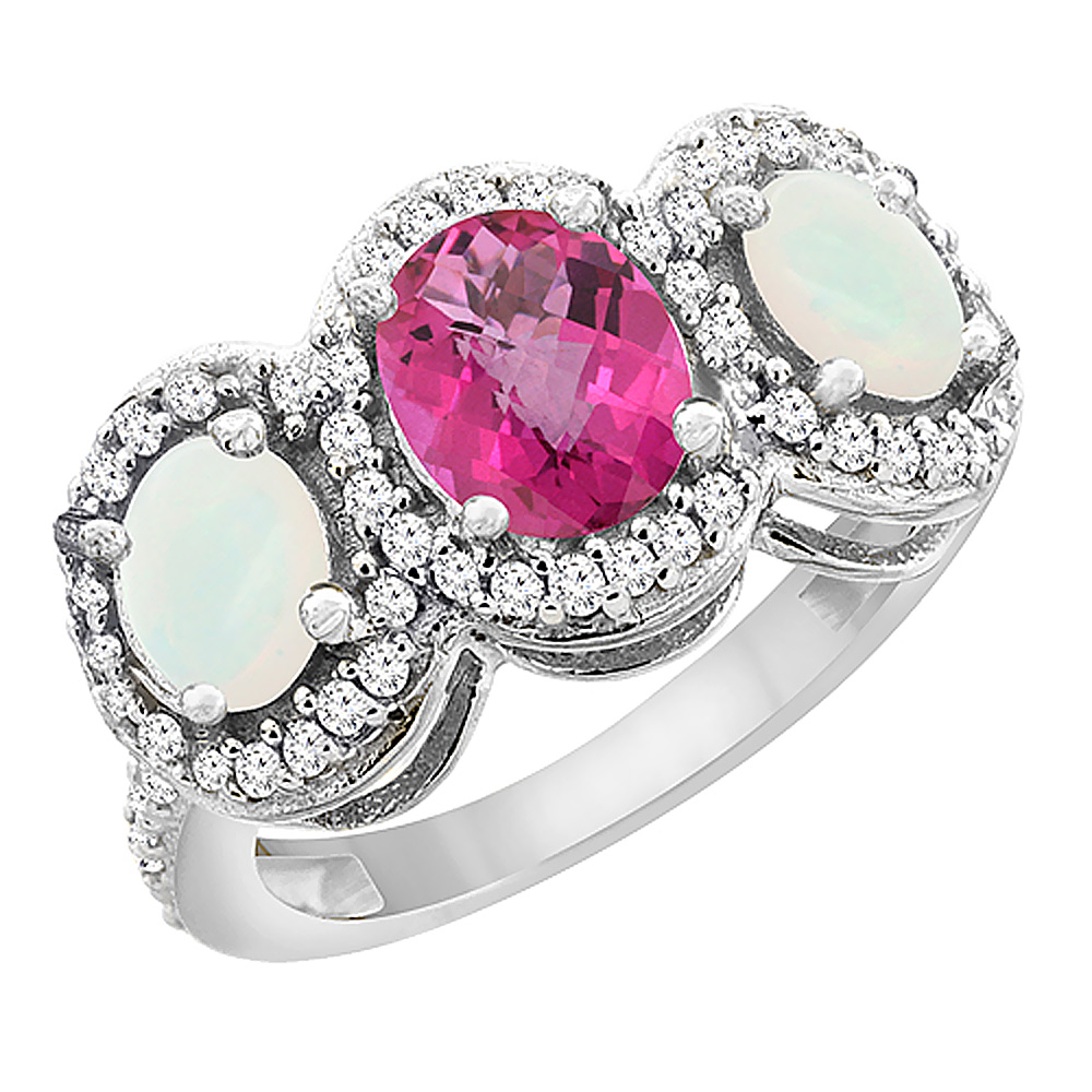 10K White Gold Natural Pink Sapphire & Opal 3-Stone Ring Oval Diamond Accent, sizes 5 - 10