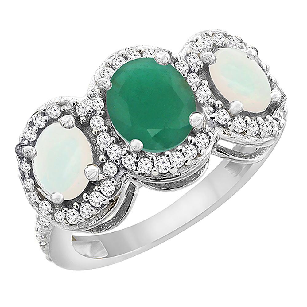 10K White Gold Natural Cabochon Emerald &amp; Opal 3-Stone Ring Oval Diamond Accent, sizes 5 - 10
