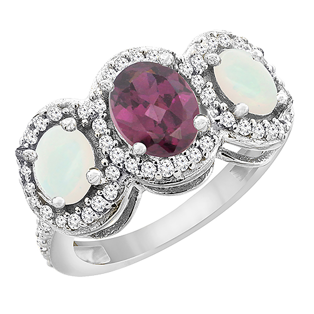 14K White Gold Natural Rhodolite & Opal 3-Stone Ring Oval Diamond Accent, sizes 5 - 10