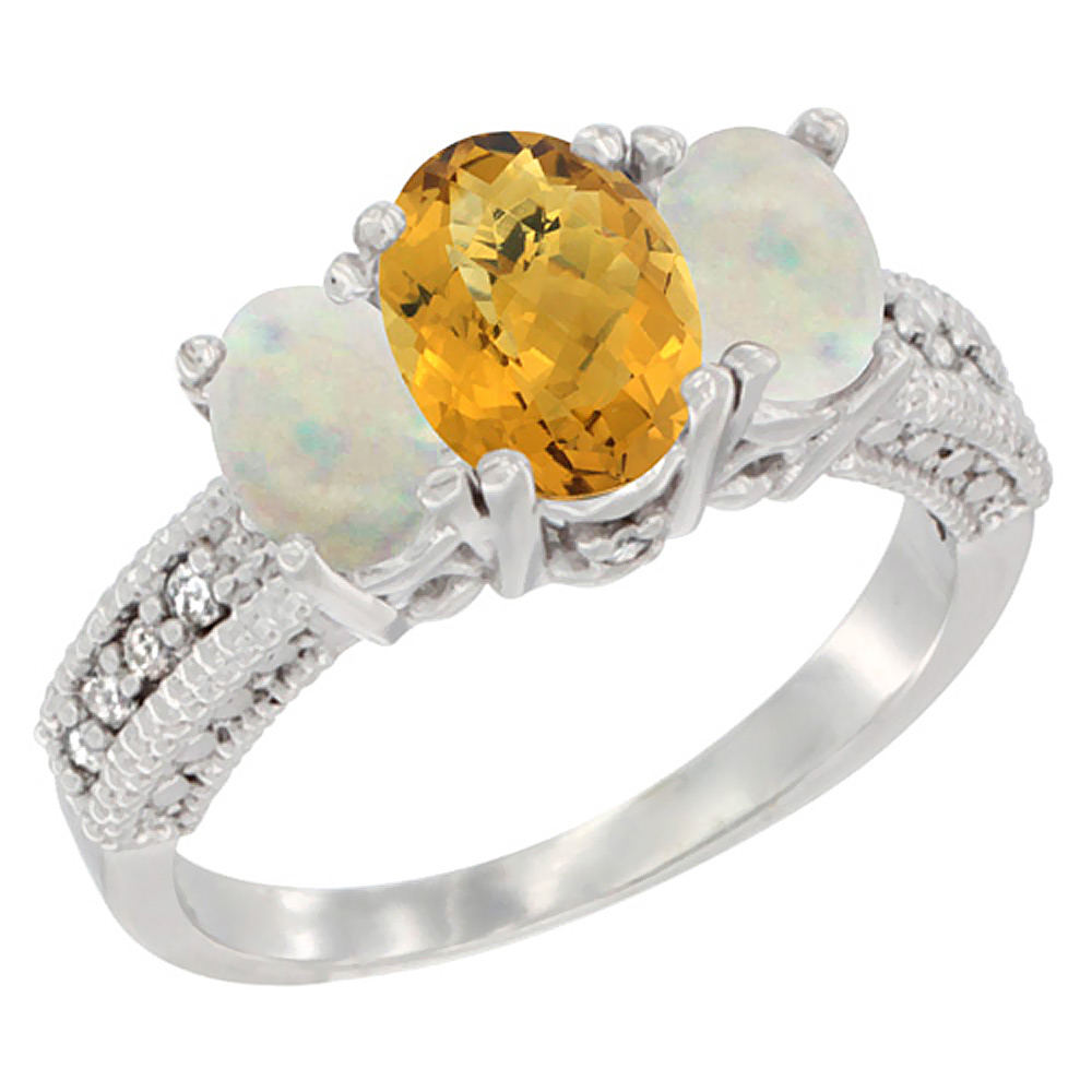 10K White Gold Diamond Natural Whisky Quartz Ring Oval 3-stone with Opal, sizes 5 - 10