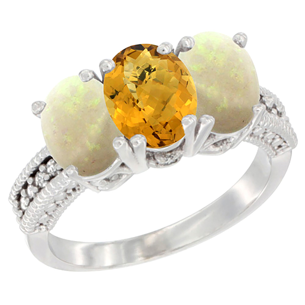 10K White Gold Diamond Natural Whisky Quartz & Opal Ring 3-Stone 7x5 mm Oval, sizes 5 - 10