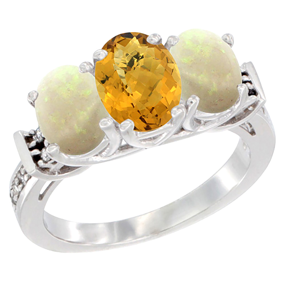 14K White Gold Natural Whisky Quartz & Opal Sides Ring 3-Stone Oval Diamond Accent, sizes 5 - 10