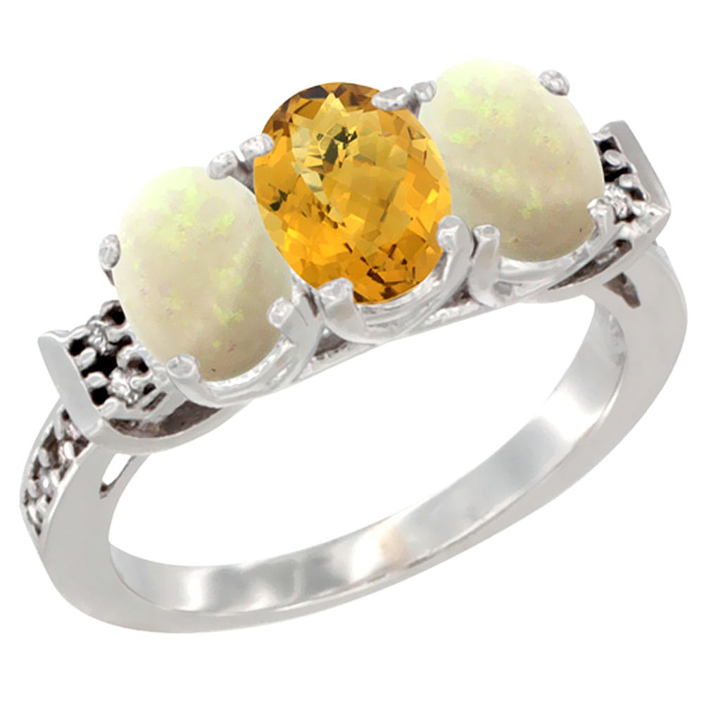 14K White Gold Natural Whisky Quartz & Opal Sides Ring 3-Stone Oval 7x5 mm Diamond Accent, sizes 5 - 10