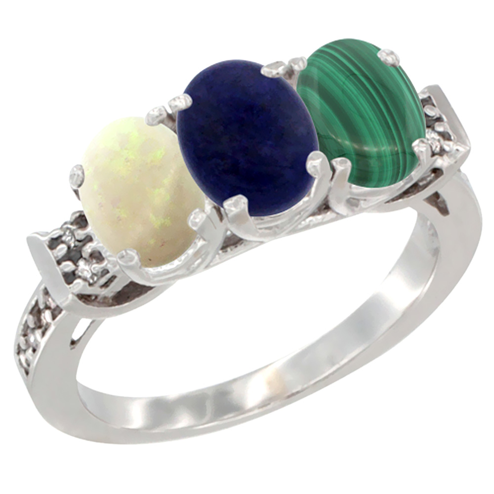 10K White Gold Natural Opal, Lapis &amp; Malachite Ring 3-Stone Oval 7x5 mm Diamond Accent, sizes 5 - 10