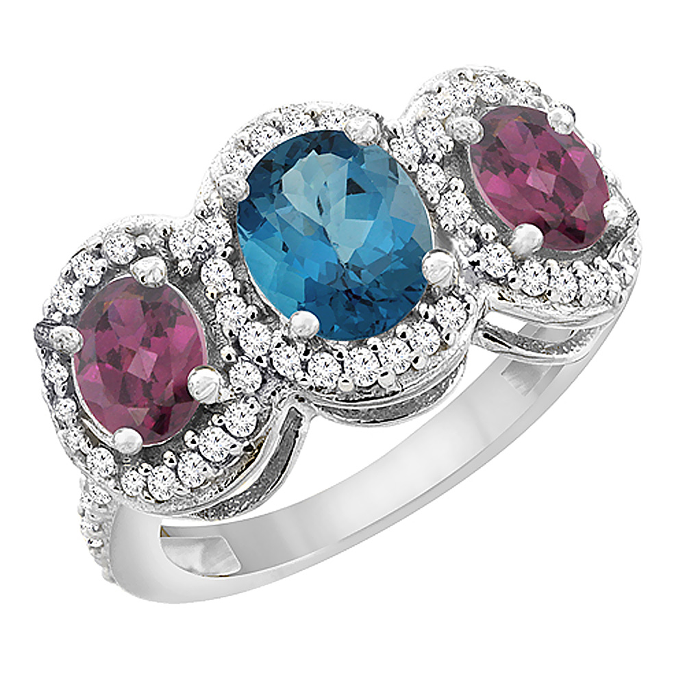 10K White Gold Natural London Blue Topaz & Rhodolite 3-Stone Ring Oval Diamond Accent, sizes 5 - 10