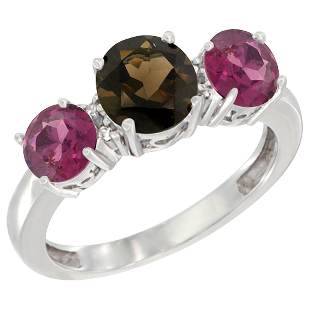 14K White Gold Round 3-Stone Natural Smoky Topaz Ring & Rhodolite Sides Diamond Accent, sizes 5 - 10