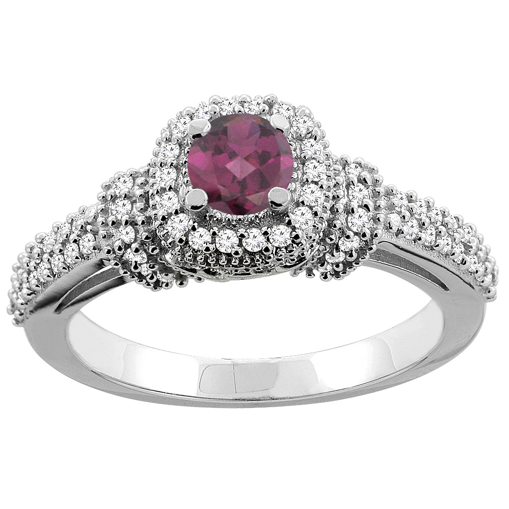 14K Gold Natural Rhodolite Engagement Halo Ring Round 5mm Diamond Accents, sizes 5 - 10