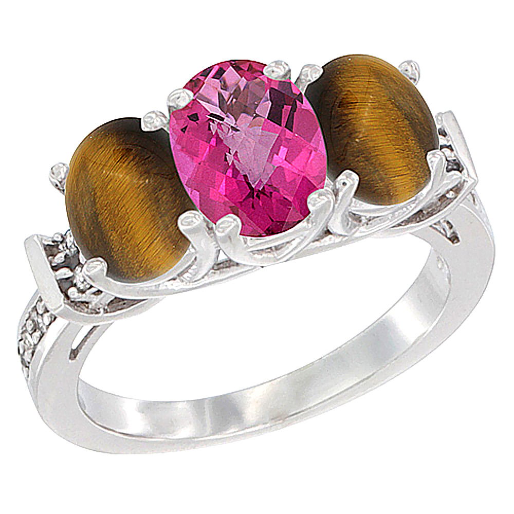 10K White Gold Natural Pink Topaz &amp; Tiger Eye Sides Ring 3-Stone Oval Diamond Accent, sizes 5 - 10