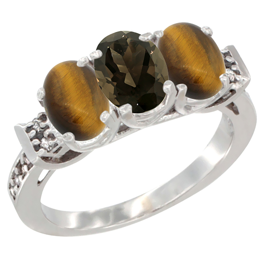 10K White Gold Natural Smoky Topaz & Tiger Eye Sides Ring 3-Stone Oval 7x5 mm Diamond Accent, sizes 5 - 10