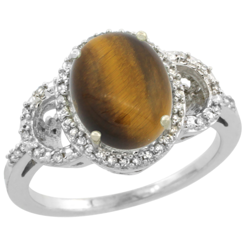 10K White Gold Diamond Natural Tiger Eye Engagement Ring Oval 10x8mm, sizes 5-10