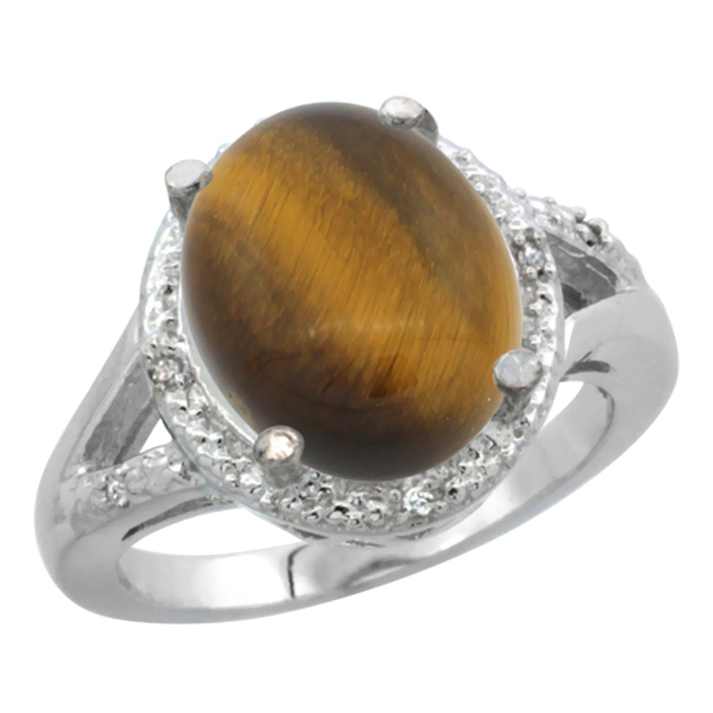 10K White Gold Natural Tiger Eye Ring Oval 12x10mm Diamond Accent, sizes 5-10