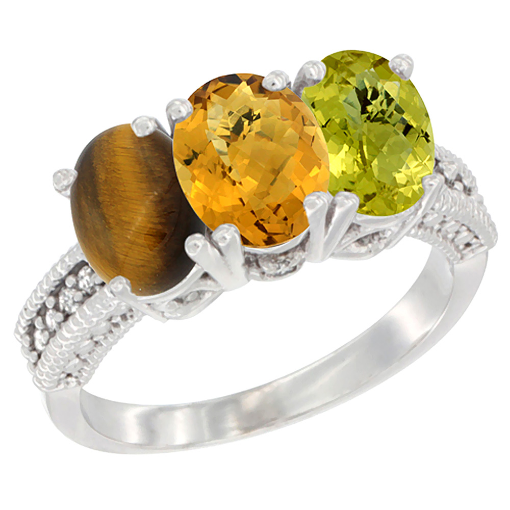 10K White Gold Diamond Natural Tiger Eye, Whisky Quartz & Lemon Quartz Ring 3-Stone 7x5 mm Oval, sizes 5 - 10