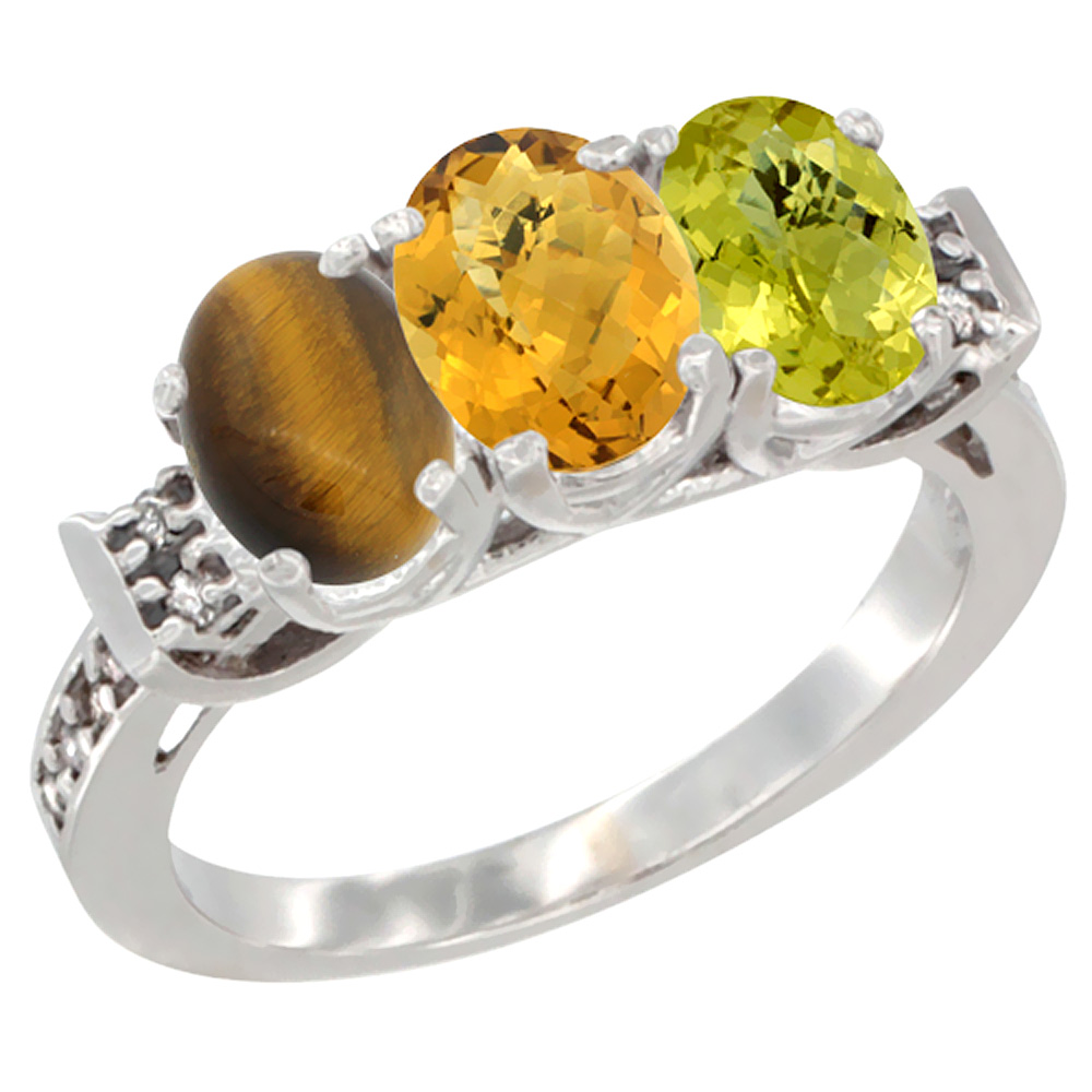 14K White Gold Natural Tiger Eye, Whisky Quartz & Lemon Quartz Ring 3-Stone Oval 7x5 mm Diamond Accent, sizes 5 - 10