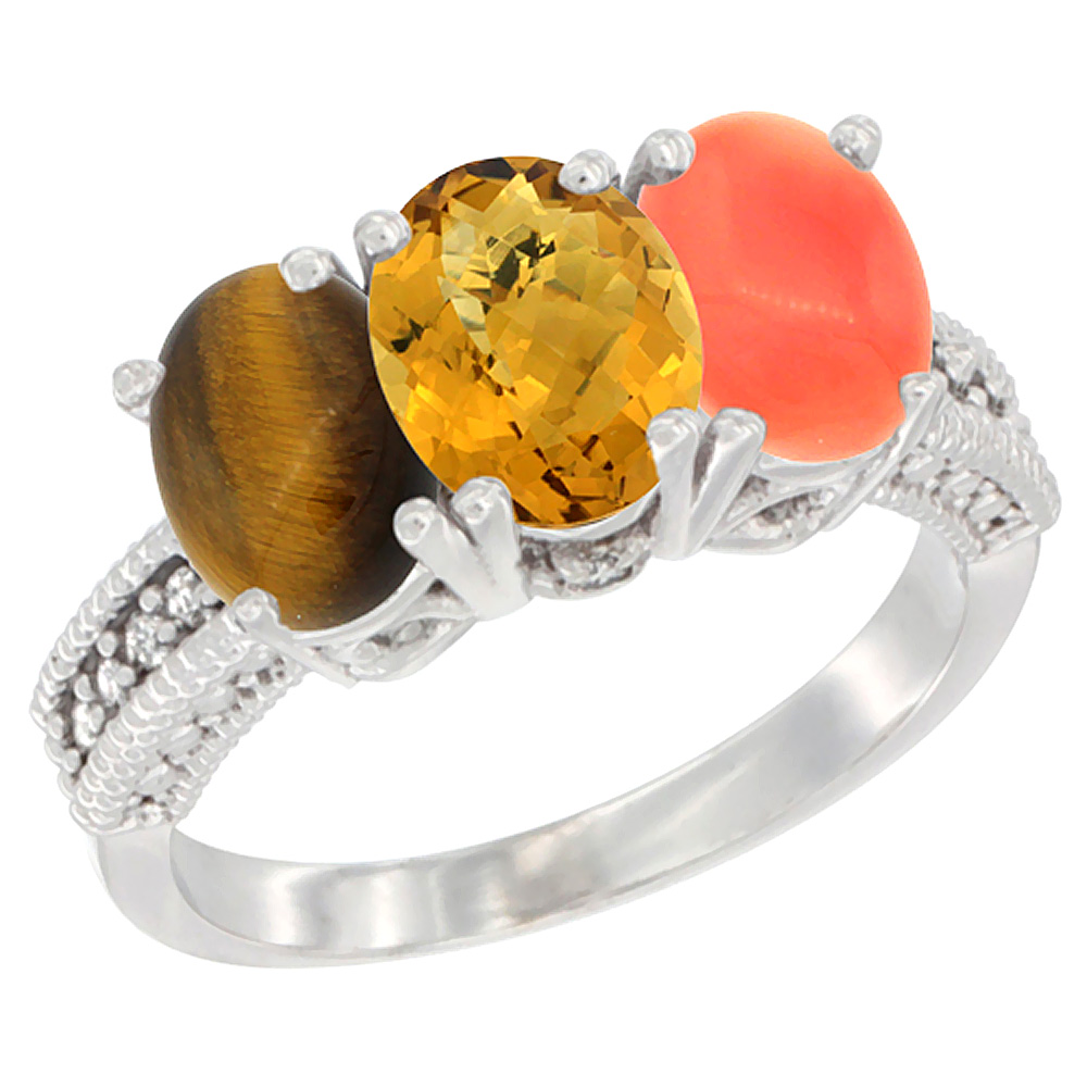 10K White Gold Diamond Natural Tiger Eye, Whisky Quartz &amp; Coral Ring 3-Stone 7x5 mm Oval, sizes 5 - 10