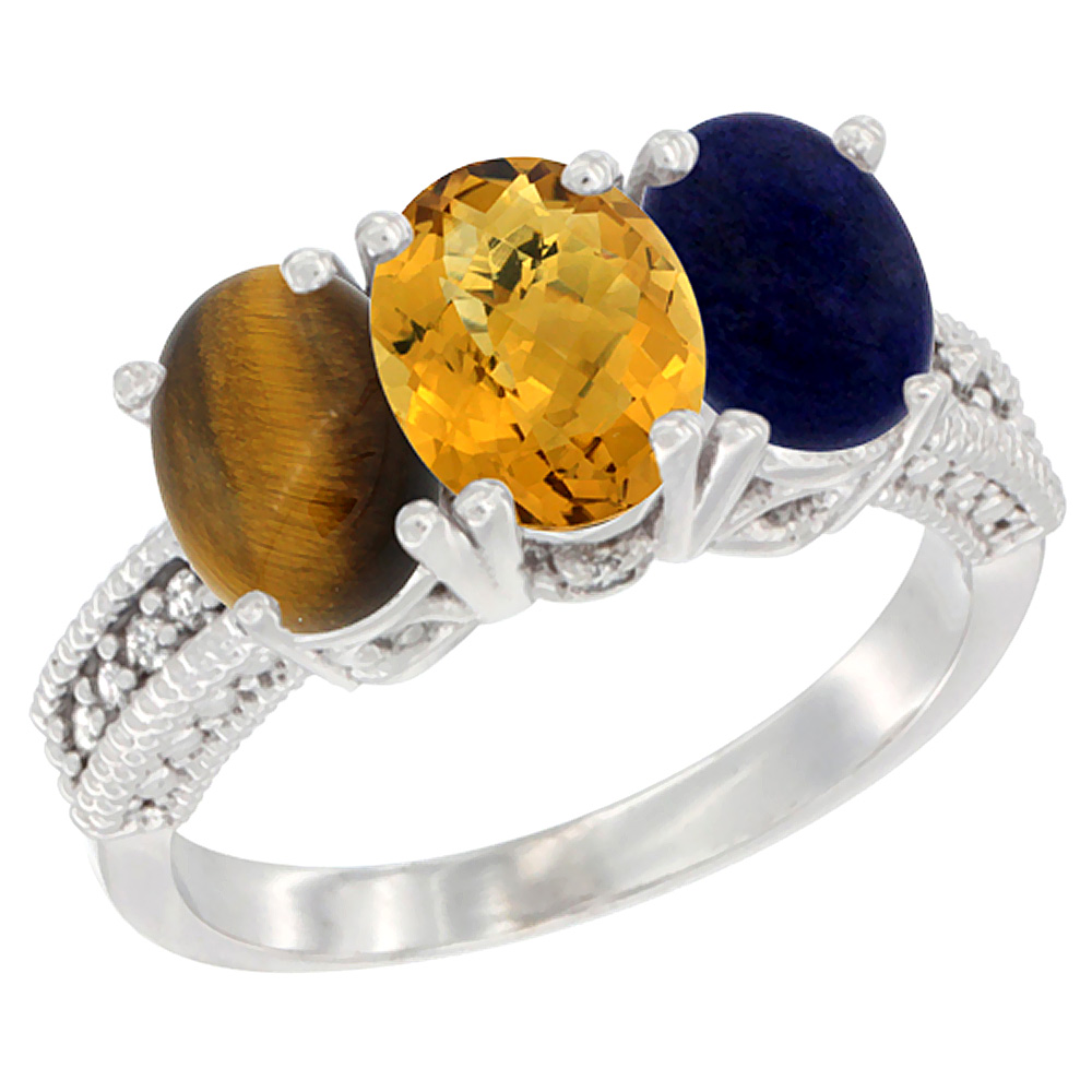 10K White Gold Diamond Natural Tiger Eye, Whisky Quartz &amp; Lapis Ring 3-Stone 7x5 mm Oval, sizes 5 - 10