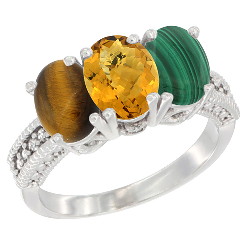 10K White Gold Diamond Natural Tiger Eye, Whisky Quartz & Malachite Ring 3-Stone 7x5 mm Oval, sizes 5 - 10