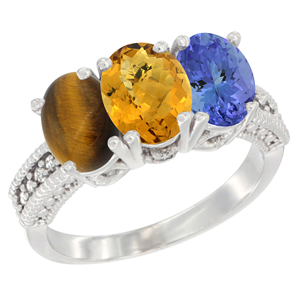 10K White Gold Diamond Natural Tiger Eye, Whisky Quartz &amp; Tanzanite Ring 3-Stone 7x5 mm Oval, sizes 5 - 10