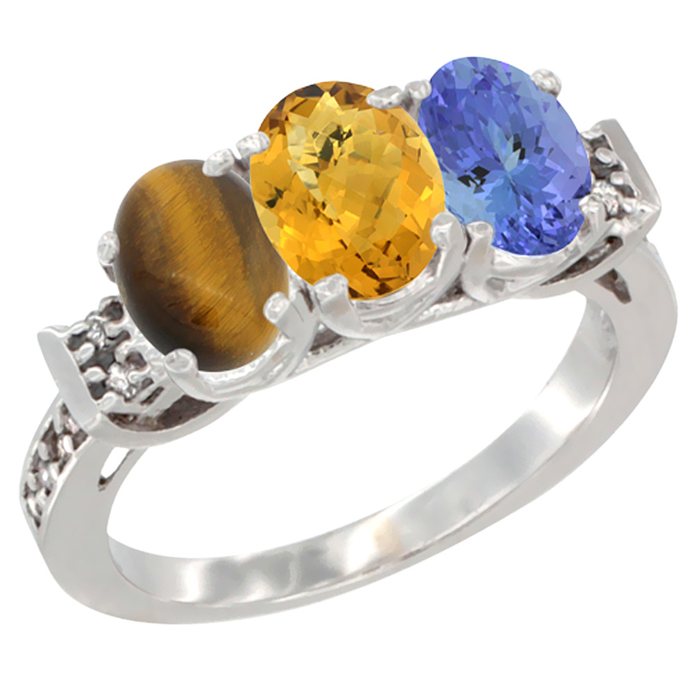 14K White Gold Natural Tiger Eye, Whisky Quartz & Tanzanite Ring 3-Stone Oval 7x5 mm Diamond Accent, sizes 5 - 10