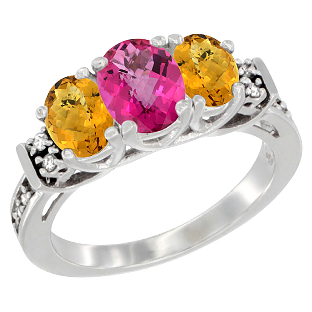 10K White Gold Natural Pink Topaz & Whisky Quartz Ring 3-Stone Oval Diamond Accent, sizes 5-10