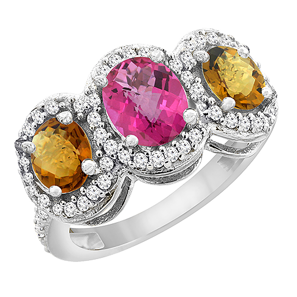 14K White Gold Natural Pink Sapphire &amp; Whisky Quartz 3-Stone Ring Oval Diamond Accent, sizes 5 - 10
