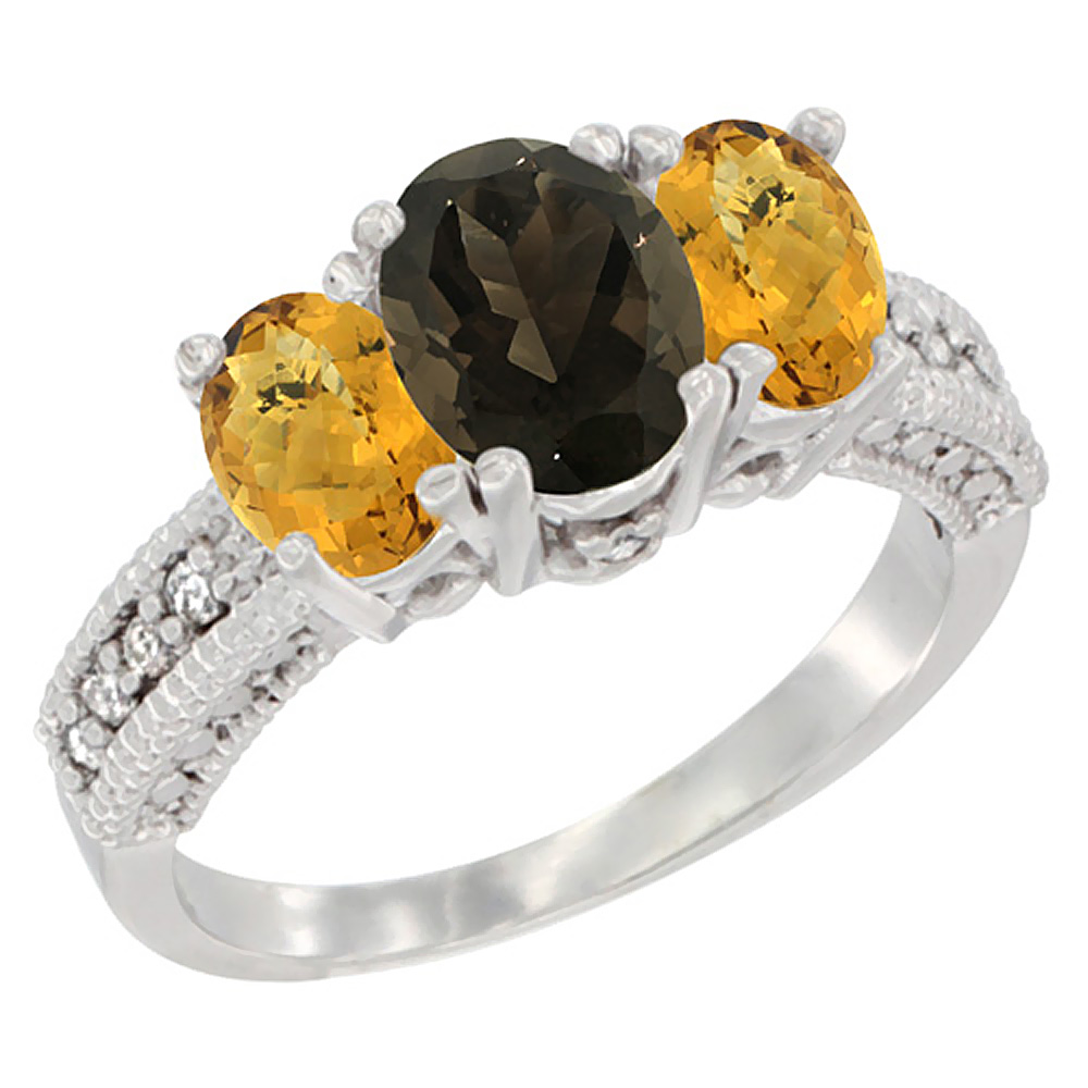 10K White Gold Diamond Natural Smoky Topaz Ring Oval 3-stone with Whisky Quartz, sizes 5 - 10