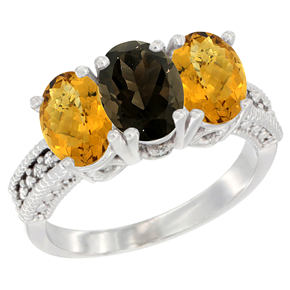 10K White Gold Diamond Natural Smoky Topaz &amp; Whisky Quartz Ring 3-Stone 7x5 mm Oval, sizes 5 - 10