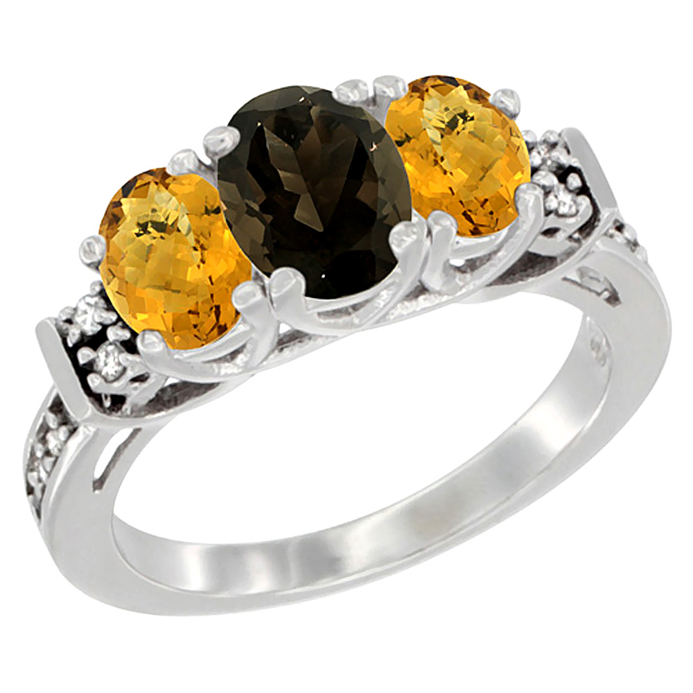 10K White Gold Natural Smoky Topaz & Whisky Quartz Ring 3-Stone Oval Diamond Accent, sizes 5-10