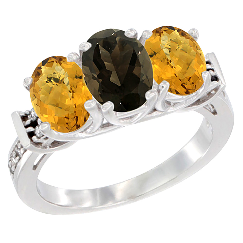 10K White Gold Natural Smoky Topaz & Whisky Quartz Sides Ring 3-Stone Oval Diamond Accent, sizes 5 - 10