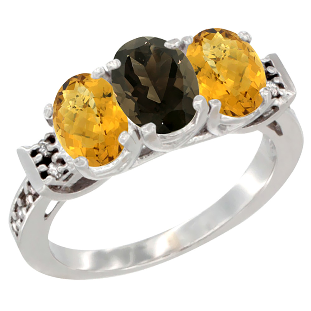 10K White Gold Natural Smoky Topaz & Whisky Quartz Sides Ring 3-Stone Oval 7x5 mm Diamond Accent, sizes 5 - 10