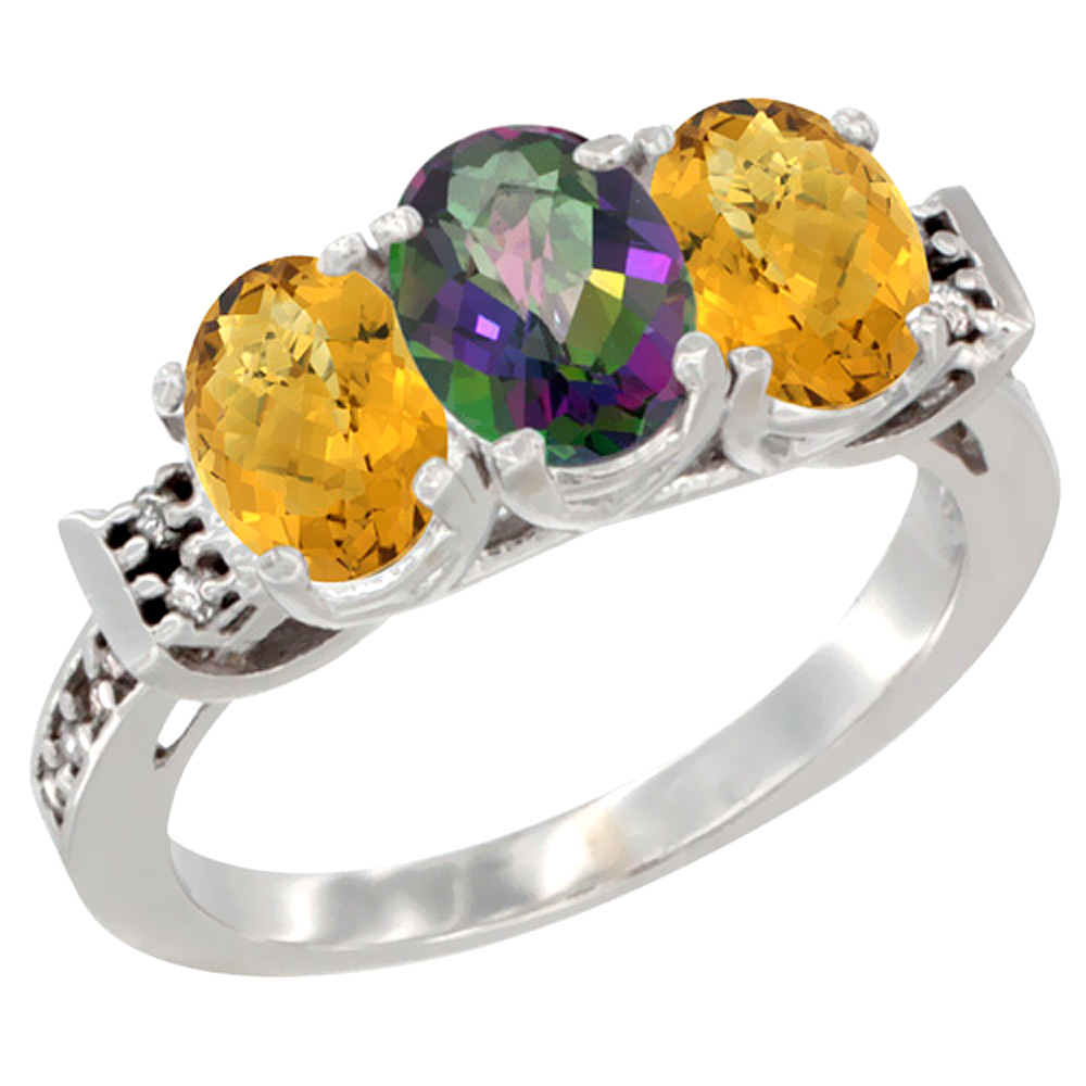 10K White Gold Natural Mystic Topaz & Whisky Quartz Sides Ring 3-Stone Oval 7x5 mm Diamond Accent, sizes 5 - 10