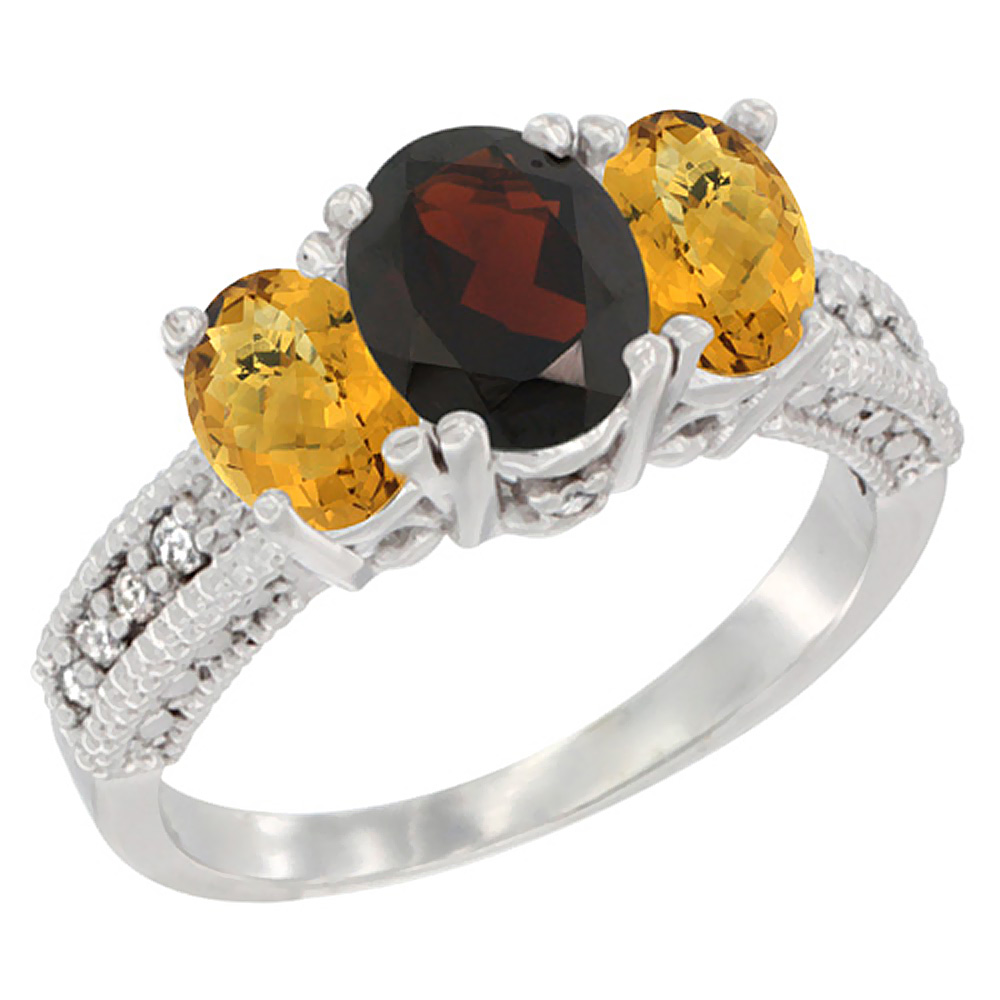 10K White Gold Diamond Natural Garnet Ring Oval 3-stone with Whisky Quartz, sizes 5 - 10