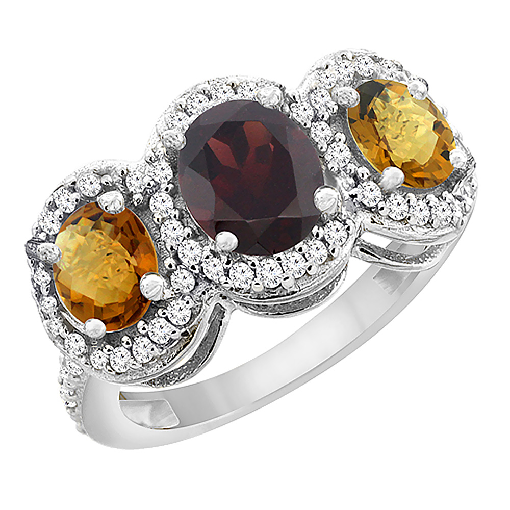 10K White Gold Natural Garnet &amp; Whisky Quartz 3-Stone Ring Oval Diamond Accent, sizes 5 - 10