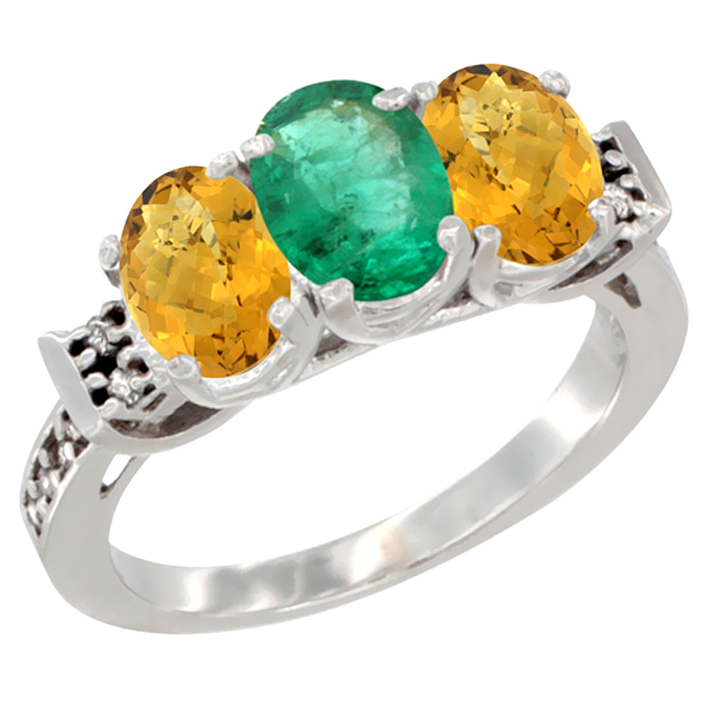 10K White Gold Natural Emerald & Whisky Quartz Sides Ring 3-Stone Oval 7x5 mm Diamond Accent, sizes 5 - 10