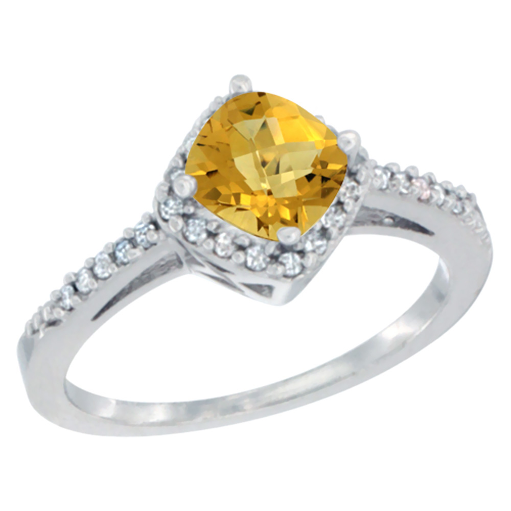 10K White Gold Natural Whisky Quartz Ring Cushion-cut 6mm Halo Diamond Accent, sizes 5 - 10